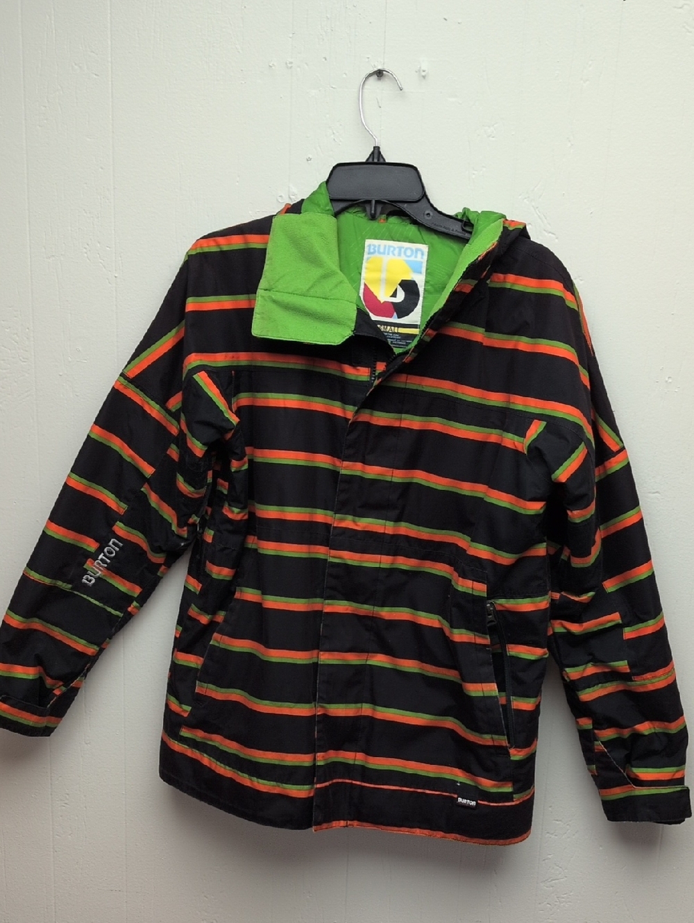 Burton Black Striped Snow Jacket with Orange and Green Accents